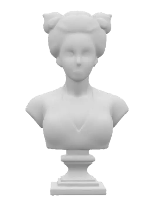 3D model for High detail realistic bust of a beautiful retro geisha on a stand. sleeveless kimono with cleavage. Hi resolution PBR textures. realistic anatomy and realistic facial features