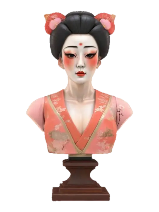 3D model for High detail realistic bust of a beautiful retro geisha on a stand. sleeveless kimono with cleavage. Hi resolution PBR textures. realistic anatomy and realistic facial features