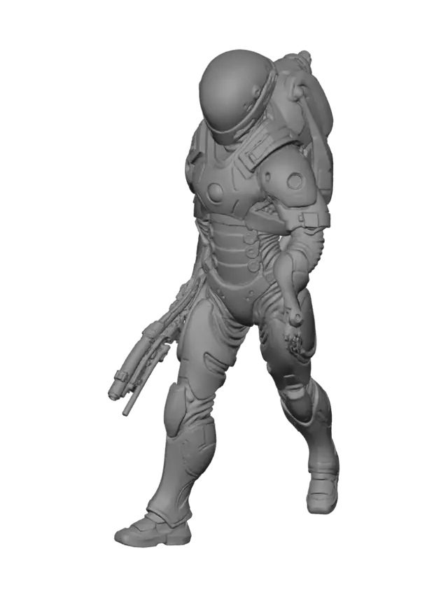3D model for A Scout from an alien civilization with a streamlined, bionic body covered in deep blue high-hardness ceramic armor. Red biopolymer patches are visible at the armor joints. He carries a rifle that fires high-thermal plasma. Requirement: Biomechanic style, emphasize the smoothness and hardness of the ceramic, precise gaps and connection details between armor plates.
