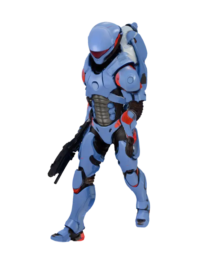3D model for A Scout from an alien civilization with a streamlined, bionic body covered in deep blue high-hardness ceramic armor. Red biopolymer patches are visible at the armor joints. He carries a rifle that fires high-thermal plasma. Requirement: Biomechanic style, emphasize the smoothness and hardness of the ceramic, precise gaps and connection details between armor plates.