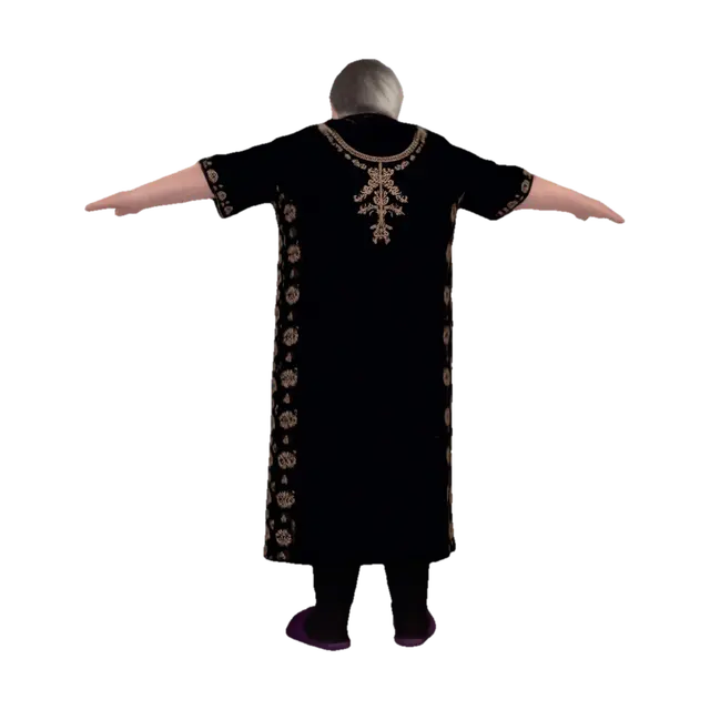 Arms Outstretched in an Embroidered Velvet Robe - Grandma 3D model, vytvořený pomocí AI