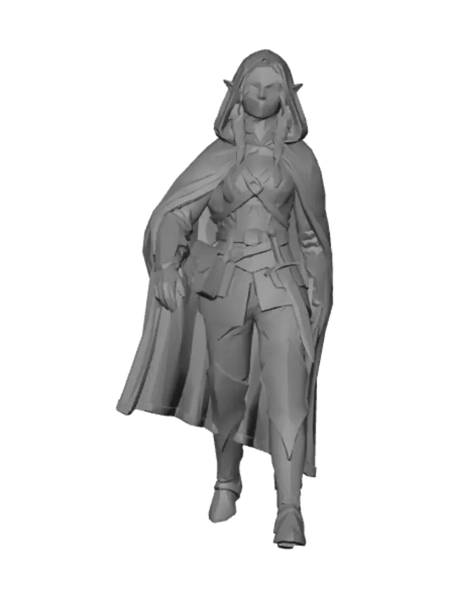 3D model for young elf rogue adventurer, pointed ears, wavy brown hair, wearing a forest green hooded cloak, teal and white tunic, brown leather pants, high leather boots, detailed leather shoulder armor and bracers, multiple leather utility pouches, realistic dark fantasy style, t-pose, clean black background, 3d game asset, character model