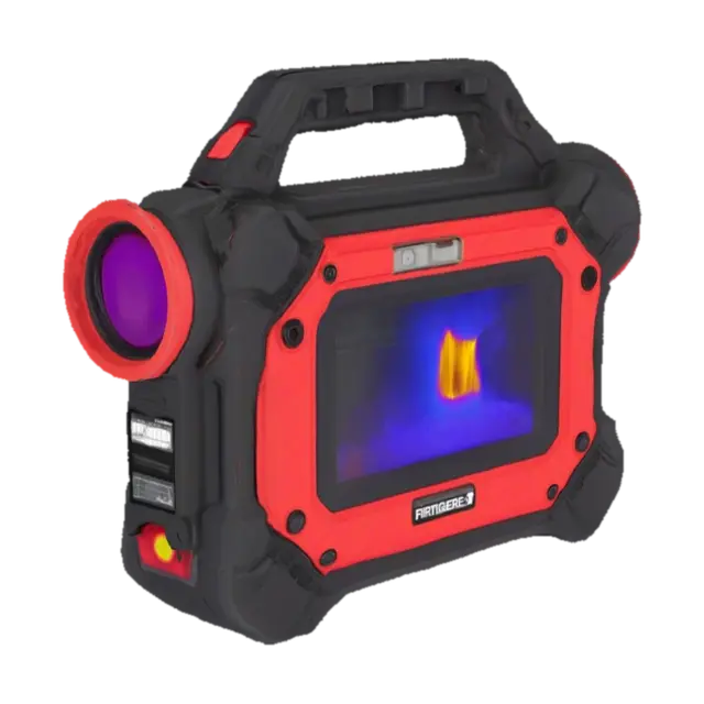 3D model for Caméra thermique portable professionnelle conçue pour les pompiers. Appareil compact et robuste, de couleur noire ou rouge, avec une coque renforcée en caoutchouc antichoc. Poignée ergonomique avec revêtement texturé pour une prise ferme même avec des gants. Grand écran à l’arrière affichant une vue thermique en temps réel (palette de couleurs : blanc, jaune, rouge pour les zones chaudes ; bleu, violet, noir pour les zones froides). Interface simple avec réticule central, indicateur de température numérique, batterie visible sur l’écran. Lentille frontale protégée par un cache résistant aux températures extrêmes. Ports latéraux pour fixation à l’équipement du pompier. Logo discret de type 'Fire Rescue' ou 'Thermal Unit'. Doit évoquer durabilité, efficacité et technologie de secours avancée