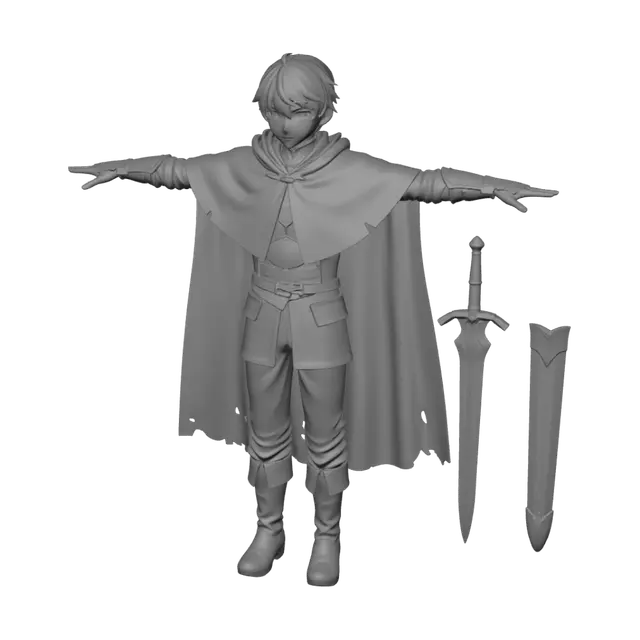 3D model for Создай героя фентези мира, аниме, стоит ровно, Т-поза, зелёные глаза, белые волосы, короткие волосы, средневековый стиль, средневековый коричневый плащь, коричневая кофта и тёмные штаны с коричневыми сапогами, в воздухе меч и ножны (под модель нужно сделать отдельно)