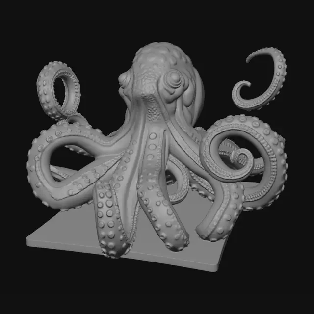 3D model for Create a 3D-printable Kraken tentacle car roof ornament that looks like it is grabbing the top of a car. The tentacle should be long, thick, and slightly curved, with dramatic curling motion and bold suction cups along the underside. Design it so the lower section hugs the contour of a car roof while the upper section rises and curls for a gripping effect. Make it stylized, aggressive, and pirate-themed, like part of a legendary sea monster attacking the vehicle. Include clean sculpted texture, smooth flow, and strong silhouette. Keep it one solid connected object with a flat mounting underside, durable thickness, and no fragile floating parts.