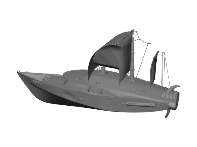 3D model for A stylized comic book game asset of a hero ship with a sleek, aerodynamic hull and glowing blue energy sails, its vibrant white and blue hull featuring bold, dynamic accent stripes. A vibrant palette of bright cyan, crisp white, and deep navy blue. The polished wood and reinforced steel accents contrast with the glowing magical energy core. The overall form imbues the ship with a sense of speed and agility, the warm wood blending with the cool glowing magic. The heroic, solid feel evokes the feeling of a nimble adventurer ready for action.