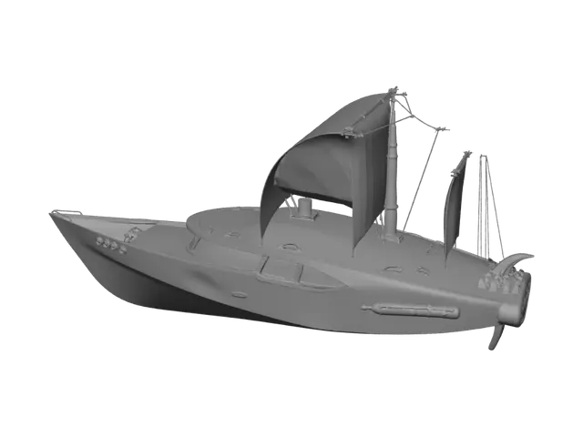 3D model for A stylized comic book game asset of a hero ship with a sleek, aerodynamic hull and glowing blue energy sails, its vibrant white and blue hull featuring bold, dynamic accent stripes. A vibrant palette of bright cyan, crisp white, and deep navy blue. The polished wood and reinforced steel accents contrast with the glowing magical energy core. The overall form imbues the ship with a sense of speed and agility, the warm wood blending with the cool glowing magic. The heroic, solid feel evokes the feeling of a nimble adventurer ready for action.