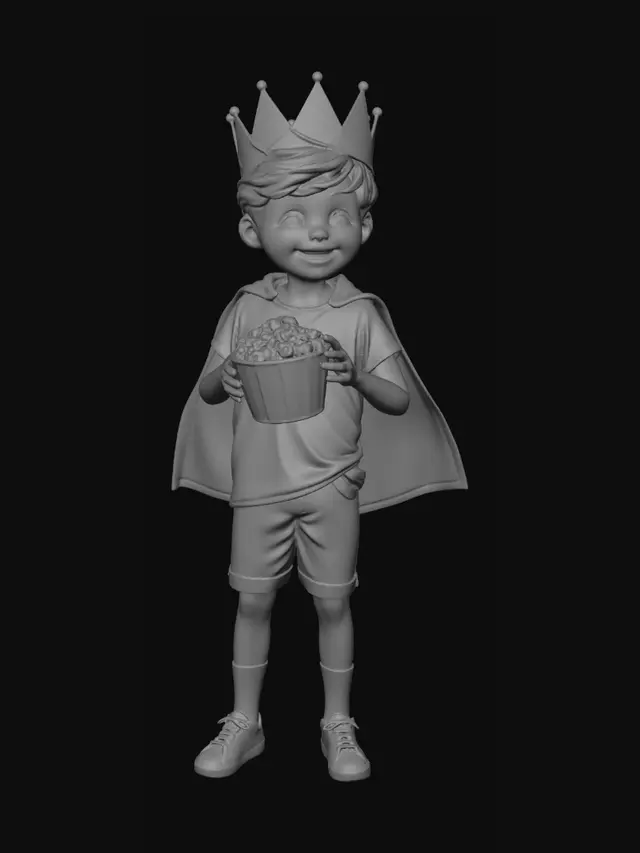 3D model for A  boy holding popcorns  and wearing a make belief crown made of carton  , and a silly cape on his back