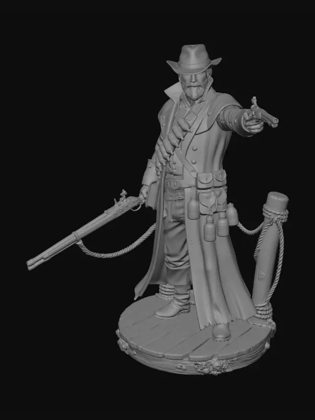 3D model for May 19, 2026, 7:21 PM
Take this character. He has these thing unique about him. He is holding a gun. Carries spices (like curry, salt, peber), has a beard, a coat and wears a fedora hat. He is from a pirate themed universe. Take inspiration from the photo. Also give him a rifle on his back. Put him on a small platform so he can be standing as a small printable figure. Make sure that something from the platform touches the character, so that it imporves his stability in a 3d model! Make sure that you can visivly see that he is carrying spices