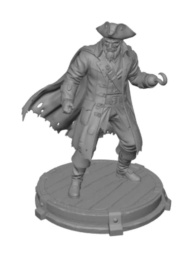 3D model for I need a character that is seen as the enymy in a pirate themed universe. It should be tall and bulky and should be standing on a round platform. Make him have a different intimidating intpose.