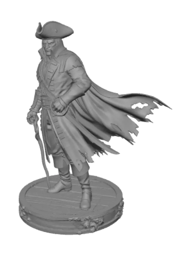 3D model for I need a character that is seen as the enymy in a pirate themed universe. It should be tall and should be standing on a round platform. Make him have a different intimidating intpose.