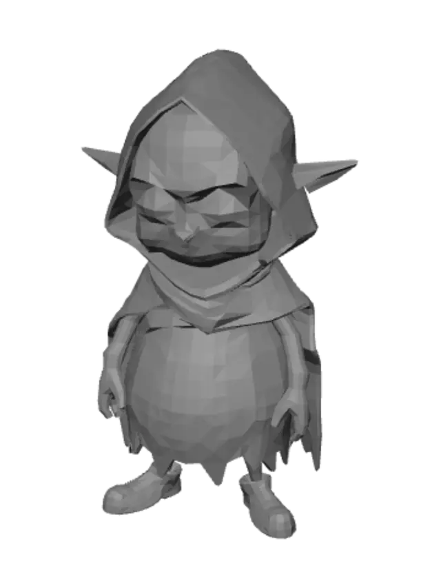 3D model for Ein vereinfachter, runder, bohnenförmiger Charakter, der sich in einen gerissenen Goblin verwandelt hat. Er trägt eine bescheidene, leicht übergroße Kapuze und einen praktischen, leicht zerrissenen Umhang, der sich in seine Form einfügt. Seine kleinen, leicht mandelförmigen Augen vermitteln eine stille Wachsamkeit. Die Gliedmaßen des Charakters sind sehr minimal, fast nahtlos in die Bohnenform integriert, was schnelle, lautlose Bewegungen suggeriert. Das Material hat ein glattes, fast filzartiges Aussehen für den Umhang. Dominante Farben sind gedämpfte Grautöne, dunkle Blautöne und einige verblasste Brauntöne für einen sauberen, Low-Poly-Cartoon-Look, in einer einfachen, aufrechten Haltung positioniert.
