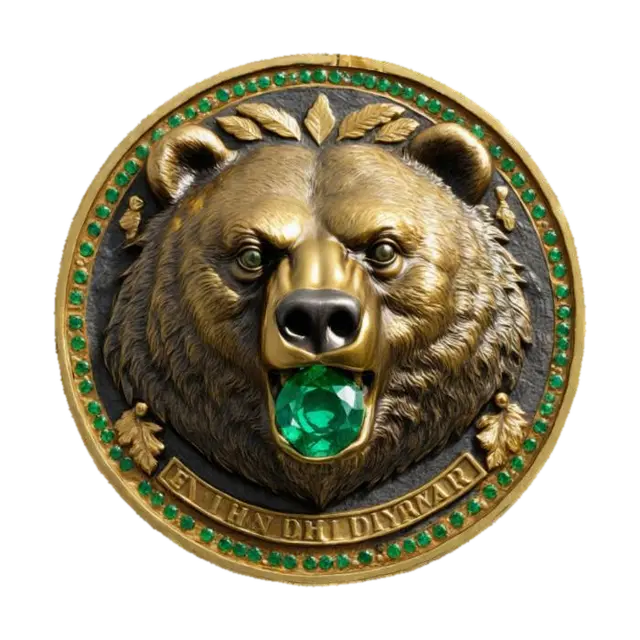 #emblem#, A large Coin with the head of a bear holding an emerald in its mouth,… - Money 3D model, vytvořený pomocí AI