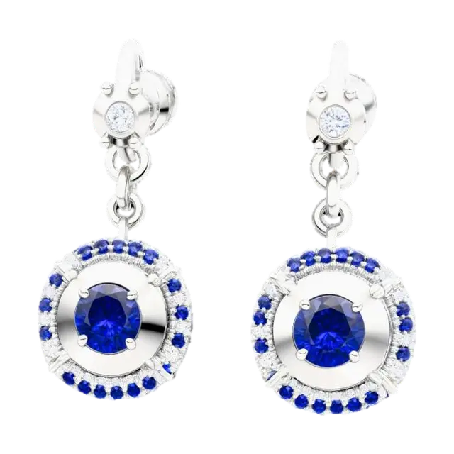 3D model for A pair of screw-back blue sapphire and sterling silver stud earrings with moissanite accent gemstones, HDR, Highly Detailed, Modern style, double halo setting
