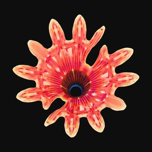 3D model for An elaborate Fan Coral, featuring a wide, delicate, lattice-like structure. Its rough, porous surface on top glows with vibrant shades of orange and deep red. The underside reveals a smooth, iridescent sheen, shifting through dazzling blues, greens, and purples, giving it a slick, almost liquid appearance. This intricate, stony organism feels both fragile and rigid, a beautiful marine spectacle.