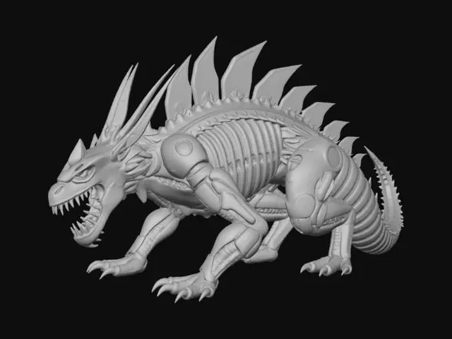 3D model for a beautiful marked beast cut in half up to the middle, glowy metal like
