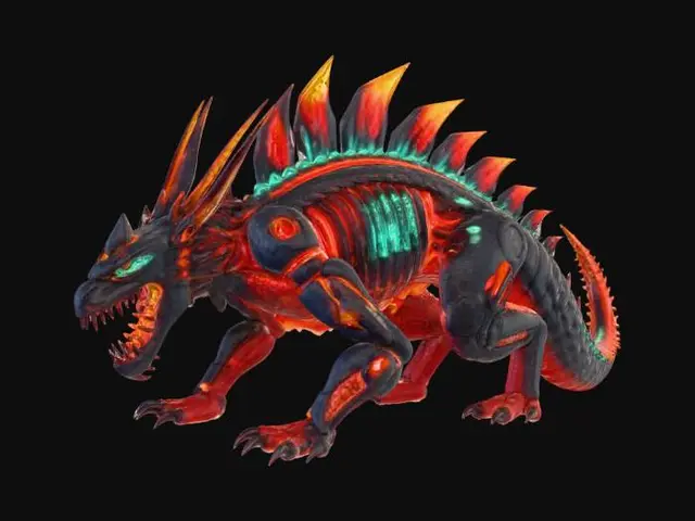 3D model for a beautiful marked beast cut in half up to the middle, glowy metal like