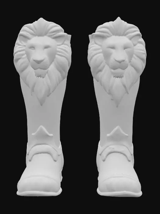 3D model for A pair of ornate armored boots, crafted from what appears to be aged, off-white metal plates with visible cracks and a weathered texture. The design features numerous overlapping lamellar segments, secured by dark rivets, forming a rigid yet articulated structure. Intricate, polished golden filigree patterns adorn the edges of the plates and the lower sections. Each boot is prominently topped with a highly detailed, regal lion's head, cast in gleaming gold with a textured mane, serving as a decorative finial.