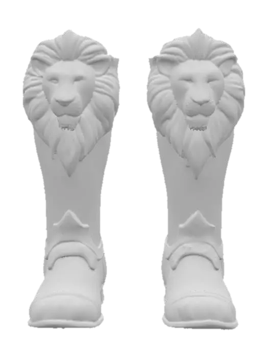 3D model for A pair of ornate armored boots, crafted from what appears to be aged, off-white metal plates with visible cracks and a weathered texture. The design features numerous overlapping lamellar segments, secured by dark rivets, forming a rigid yet articulated structure. Intricate, polished golden filigree patterns adorn the edges of the plates and the lower sections. Each boot is prominently topped with a highly detailed, regal lion's head, cast in gleaming gold with a textured mane, serving as a decorative finial.