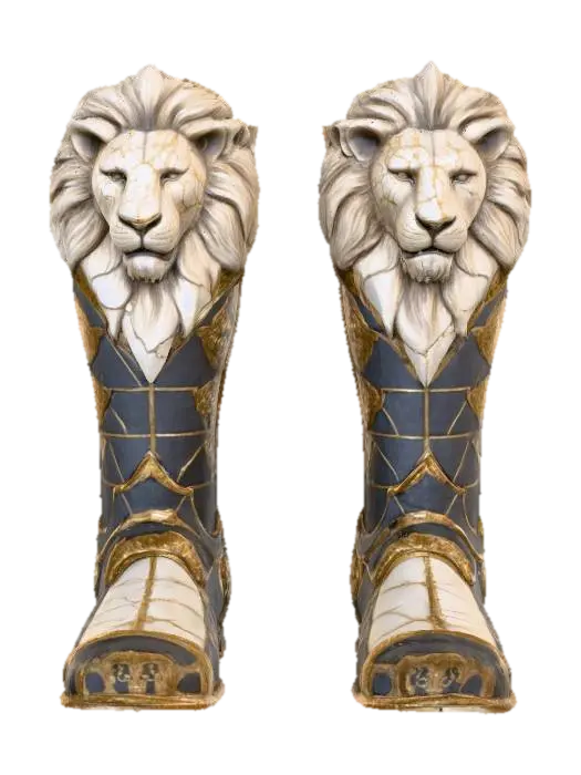 3D model for A pair of ornate armored boots, crafted from what appears to be aged, off-white metal plates with visible cracks and a weathered texture. The design features numerous overlapping lamellar segments, secured by dark rivets, forming a rigid yet articulated structure. Intricate, polished golden filigree patterns adorn the edges of the plates and the lower sections. Each boot is prominently topped with a highly detailed, regal lion's head, cast in gleaming gold with a textured mane, serving as a decorative finial.