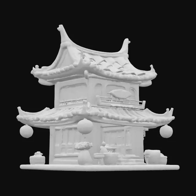 3D model for A stylized fantasy village shop inspired by Chinese and Japanese architecture. Predominantly ivory and gold. Pagoda-style layered roof with upturned eaves, curved beams, and hanging lanterns. Carved wooden details, dragon or cloud motifs, and noren curtains at the entrance. Sculpted blocky style with thick, bold lines, sharp edges, and strong silhouette. Bold embossed symbols (kanji or hanzi), deep engraved patterns (waves, florals). Highly stylized with well-defined and exaggerated features. Toy-like proportions with clear, angular geometry.