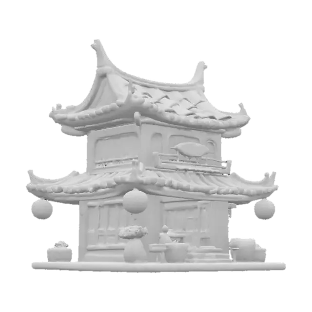 3D model for A stylized fantasy village shop inspired by Chinese and Japanese architecture. Predominantly ivory and gold. Pagoda-style layered roof with upturned eaves, curved beams, and hanging lanterns. Carved wooden details, dragon or cloud motifs, and noren curtains at the entrance. Sculpted blocky style with thick, bold lines, sharp edges, and strong silhouette. Bold embossed symbols (kanji or hanzi), deep engraved patterns (waves, florals). Highly stylized with well-defined and exaggerated features. Toy-like proportions with clear, angular geometry.