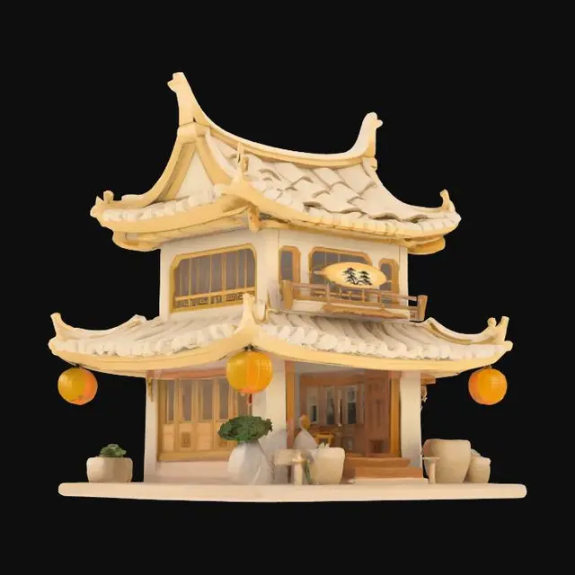 3D model for A stylized fantasy village shop inspired by Chinese and Japanese architecture. Predominantly ivory and gold. Pagoda-style layered roof with upturned eaves, curved beams, and hanging lanterns. Carved wooden details, dragon or cloud motifs, and noren curtains at the entrance. Sculpted blocky style with thick, bold lines, sharp edges, and strong silhouette. Bold embossed symbols (kanji or hanzi), deep engraved patterns (waves, florals). Highly stylized with well-defined and exaggerated features. Toy-like proportions with clear, angular geometry.