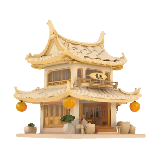 3D model for A stylized fantasy village shop inspired by Chinese and Japanese architecture. Predominantly ivory and gold. Pagoda-style layered roof with upturned eaves, curved beams, and hanging lanterns. Carved wooden details, dragon or cloud motifs, and noren curtains at the entrance. Sculpted blocky style with thick, bold lines, sharp edges, and strong silhouette. Bold embossed symbols (kanji or hanzi), deep engraved patterns (waves, florals). Highly stylized with well-defined and exaggerated features. Toy-like proportions with clear, angular geometry.