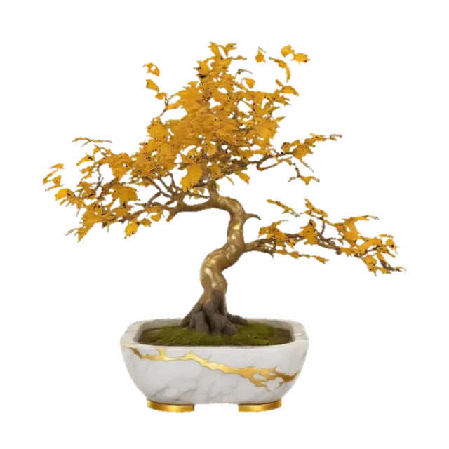 stylized game asset of a japanese maple bonsai with gold and ivory leaves, golden bark, white… 的 AI 生成 3D 模型