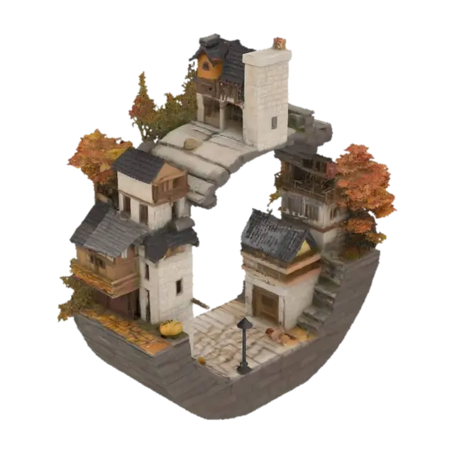 Ring Village Diorama 3D model, vytvořený pomocí AI