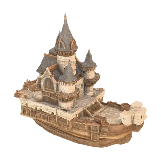 Castle Boat Diorama 3D model, vytvořený pomocí AI