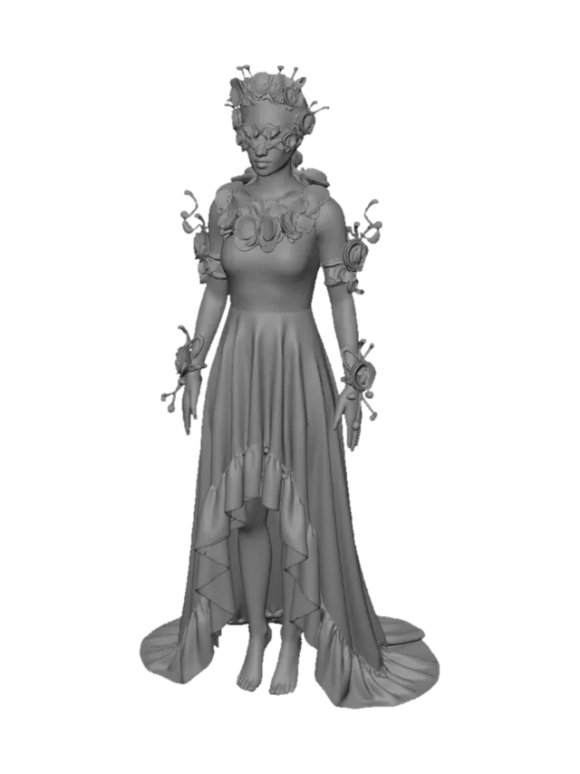 3D model for an fashion mode, wearing a silk satin high low dress with orchid pink in the  border of the dress, fading to orchid white dress. the neck of the dress has petals of orchid surrounding the neck, and the dress is sleeveless with curvy ends with stiff shape, the women wears high detialed accersories made of orchid on her hand wrist, on head crown, arms, and her eyes, everything made of fantasy style orchid fashion accessory