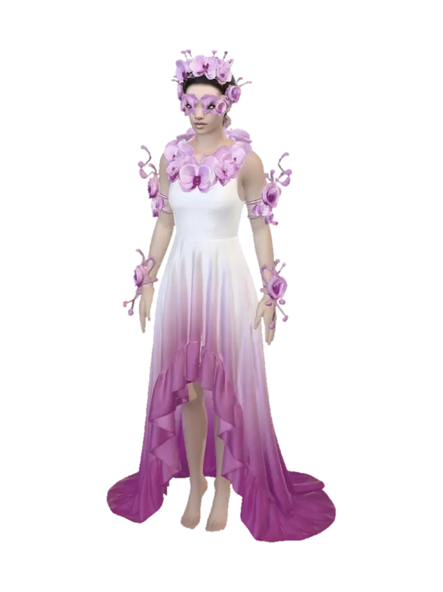 3D model for an fashion mode, wearing a silk satin high low dress with orchid pink in the  border of the dress, fading to orchid white dress. the neck of the dress has petals of orchid surrounding the neck, and the dress is sleeveless with curvy ends with stiff shape, the women wears high detialed accersories made of orchid on her hand wrist, on head crown, arms, and her eyes, everything made of fantasy style orchid fashion accessory