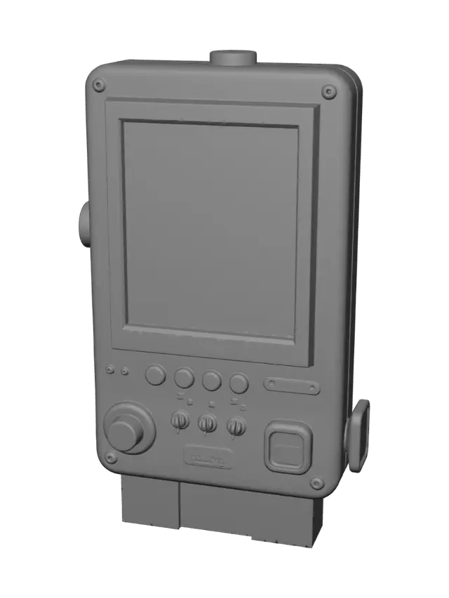3D model for Crie um totem industrial de controle 3D para puzzles em uma fábrica. Estrutura vertical metálica robusta, com uma tela grande inclinada na parte superior, preparada para receber interface e animações no Unity. Inclua 4 botões físicos coloridos, 2 seletores giratórios, 1 alavanca lateral, luzes indicadoras e botão de emergência. Todas as partes interativas devem ser objetos separados, com pivôs corretos para animação. Visual industrial moderno, usado, com parafusos, arranhões e leves marcas de óleo. Base pesada fixada ao chão. Sem texto fixo na tela, sem personagens e sem fundo. Game-ready e compatível com Unity URP.