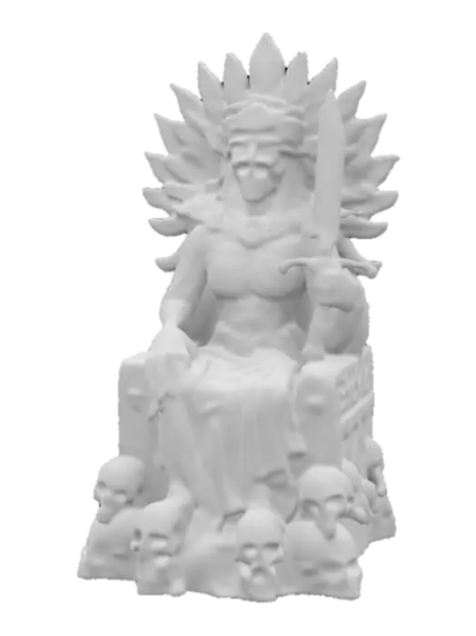 3D model for A polished vibrant marble statue. A skeletal Mayan death god with glowing red eyes sits on a throne of skulls deep in the Underworld of Xibalba. His tattered black and red robes ripple with dark energy, and his long, clawed fingers grip an obsidian dagger. Mist rises from the jaguar-carved stone altar behind him, while sacrificial fires burn ominously in the background.