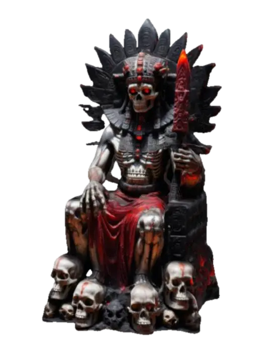 3D model for A polished vibrant marble statue. A skeletal Mayan death god with glowing red eyes sits on a throne of skulls deep in the Underworld of Xibalba. His tattered black and red robes ripple with dark energy, and his long, clawed fingers grip an obsidian dagger. Mist rises from the jaguar-carved stone altar behind him, while sacrificial fires burn ominously in the background.