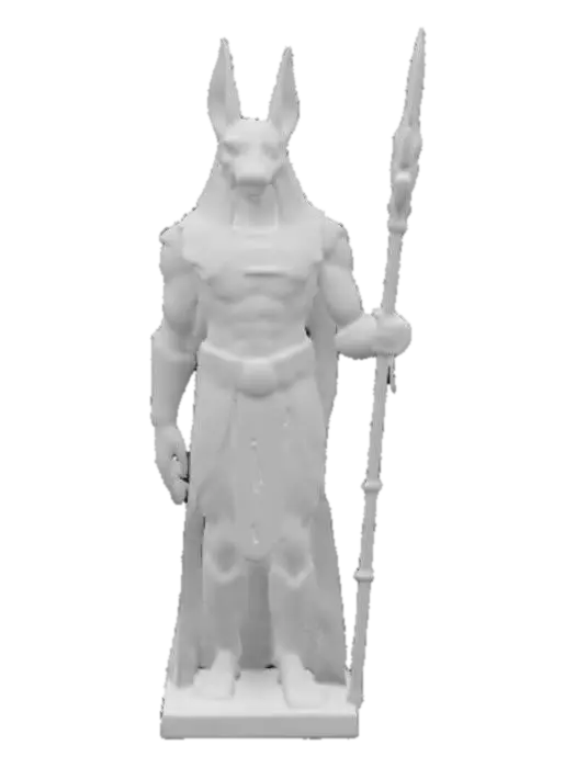 3D model for An onyx and polished marble statue of Egyptian God Anubis. A towering jackal-headed warrior with glowing red eyes, draped in golden armor and holding a glowing staff of judgment. Behind him, ancient pyramids rise under the full moon, and lost souls kneel before him.
