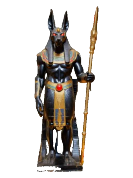 3D model for An onyx and polished marble statue of Egyptian God Anubis. A towering jackal-headed warrior with glowing red eyes, draped in golden armor and holding a glowing staff of judgment. Behind him, ancient pyramids rise under the full moon, and lost souls kneel before him.
