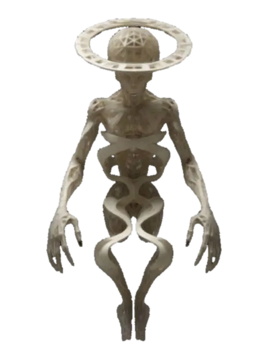 A humanoid golem of shifting, paradoxical geometry. Its body is formed from… - Illusion 3D model, vytvořený pomocí AI