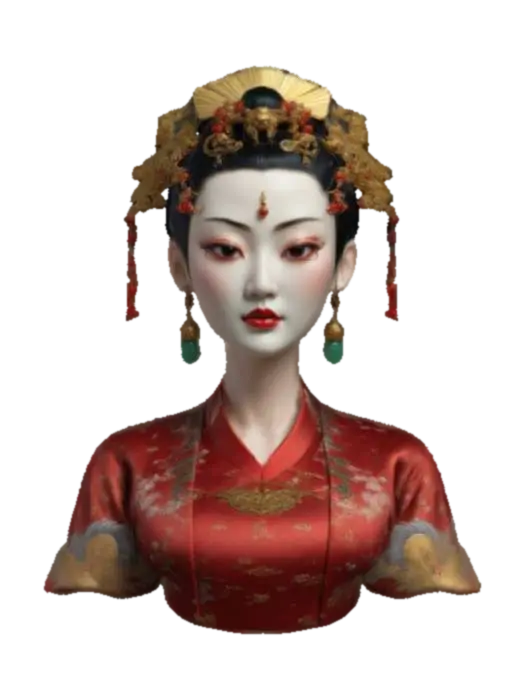 A hyper-realistic Empress Wu Zetian with smooth, pale porcelain skin and piercing… - Chinese 3D model, vytvořený pomocí AI