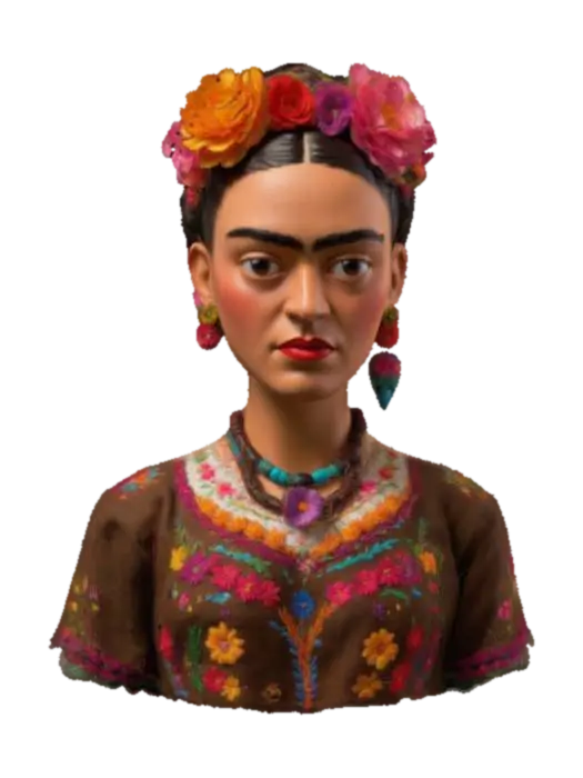 A strikingly detailed 3D model of Frida Kahlo, her intense gaze framed by bold,… - Artist 3D model, vytvořený pomocí AI