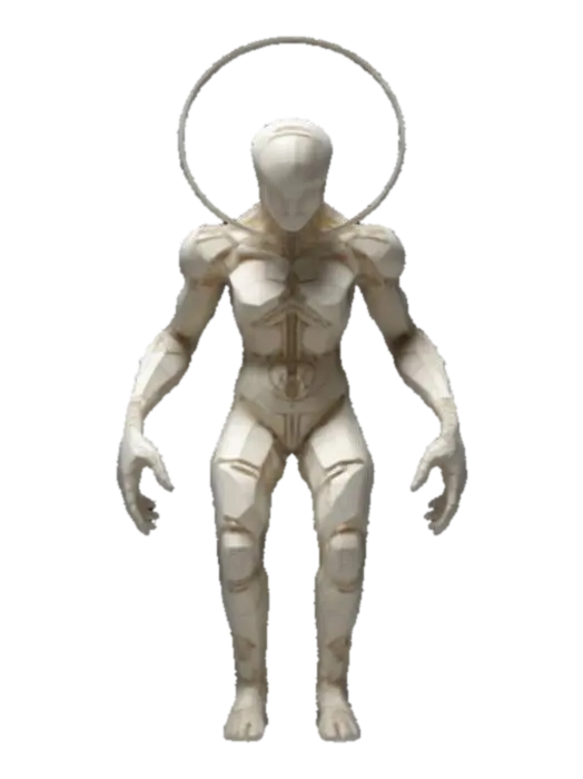 A humanoid golem of shifting, paradoxical geometry. Its body is formed from… - Illusion 3D model, vytvořený pomocí AI