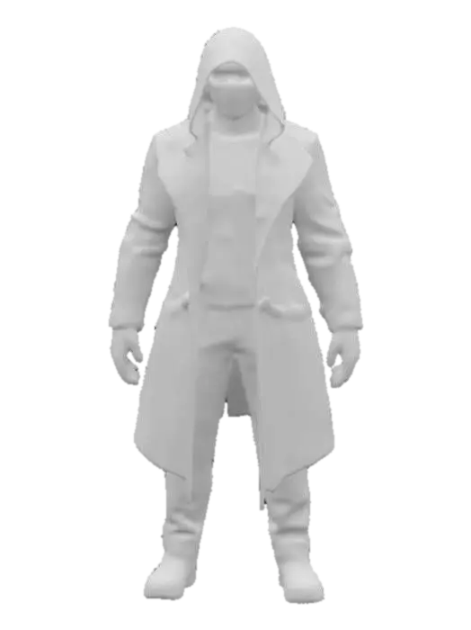 3D model for A sleek, ghostlike figure, his thin, athletic frame wrapped in a futuristic black leather trench coat embedded with neon waveform patterns that pulse to the beat of his internal rhythm. His face is hidden behind a holographic DJ mask, constantly shifting between glowing symbols. His hands—fingerless, cybernetic, and razor-sharp.