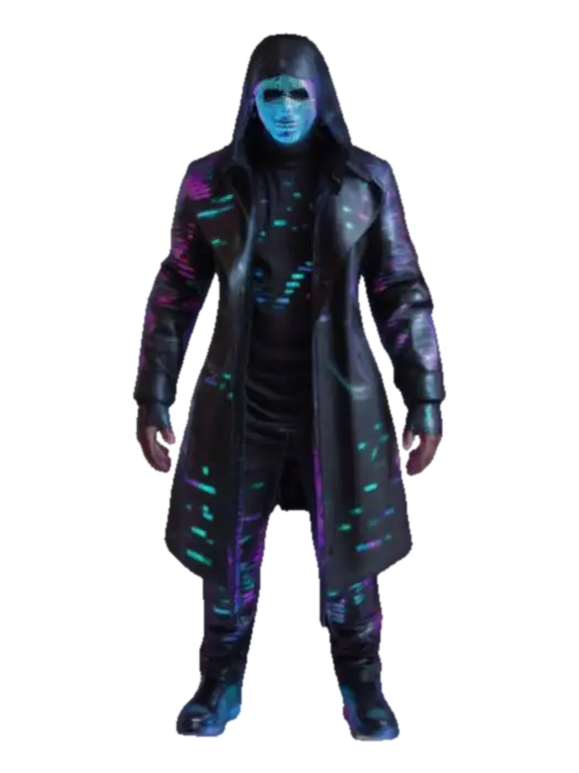3D model for A sleek, ghostlike figure, his thin, athletic frame wrapped in a futuristic black leather trench coat embedded with neon waveform patterns that pulse to the beat of his internal rhythm. His face is hidden behind a holographic DJ mask, constantly shifting between glowing symbols. His hands—fingerless, cybernetic, and razor-sharp.