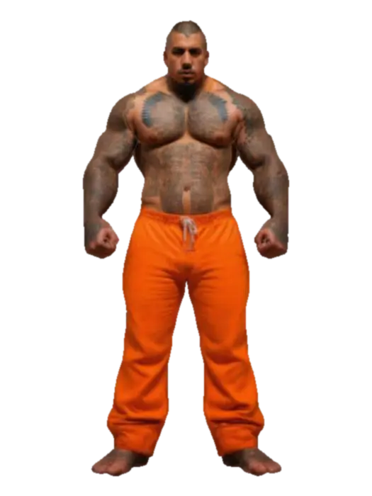 hyperrealism, male Hispanic prisoner, orange prison pants, full body tattoos,… - Dangerous 3D model, vytvořený pomocí AI