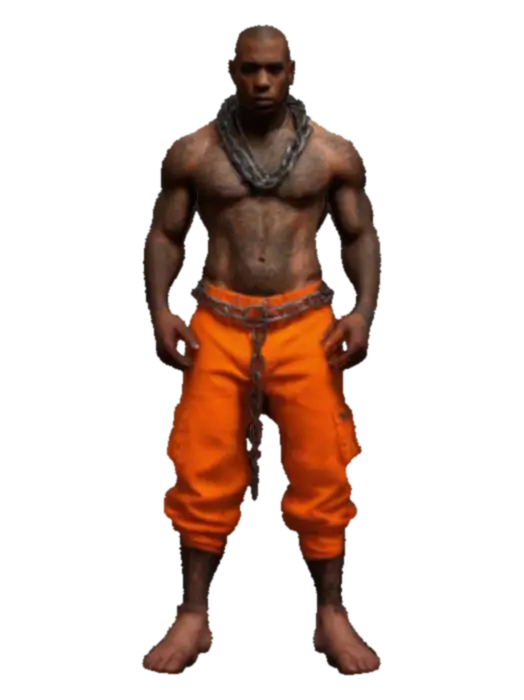 hyperrealism, detail, Black male, prisoner, orange prison pants, deadly chains,… - Dangerous 3D model, vytvořený pomocí AI