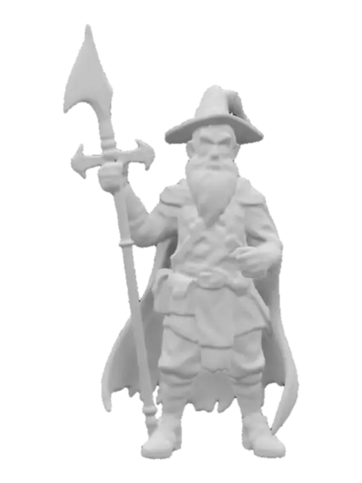 3D model for Hand-painted, inked, stylized mage in Darkest Dungeon 2’s art style. Rough brush strokes, thick outlines, and bold cel-shading. Skin is healthy, semi smooth gradients. Hatching shadows, painterly blending. Aged, weathered, and gritty--avoid soft lighting or lifelike details. Use high contrast and comic book-style shading. , #game figure#
