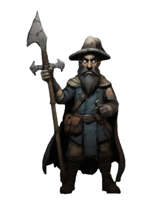 3D model for Hand-painted, inked, stylized mage in Darkest Dungeon 2’s art style. Rough brush strokes, thick outlines, and bold cel-shading. Skin is healthy, semi smooth gradients. Hatching shadows, painterly blending. Aged, weathered, and gritty--avoid soft lighting or lifelike details. Use high contrast and comic book-style shading. , #game figure#