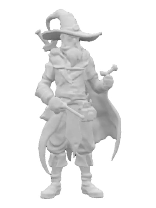 3D model for Hand-painted, inked, stylized mage in Call of Duty’s art style. Rough brush strokes, thick outlines, and bold cel-shading. Skin is healthy, semi smooth gradients. Hatching shadows, painterly blending. Aged, weathered, and gritty--avoid soft lighting or lifelike details. Use high contrast and comic book-style shading. , #game figure#