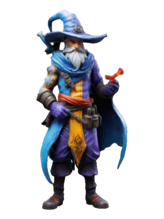 3D model for Hand-painted, inked, stylized mage in Call of Duty’s art style. Rough brush strokes, thick outlines, and bold cel-shading. Skin is healthy, semi smooth gradients. Hatching shadows, painterly blending. Aged, weathered, and gritty--avoid soft lighting or lifelike details. Use high contrast and comic book-style shading. , #game figure#